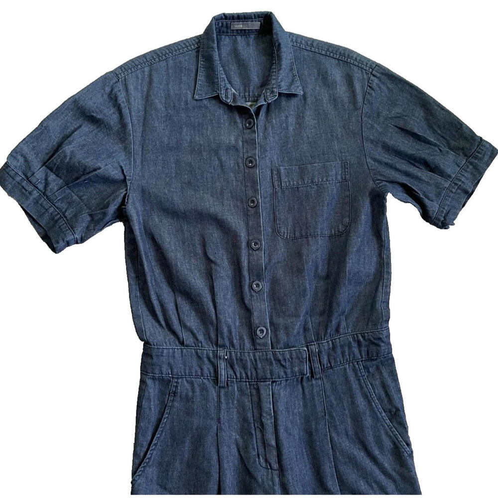 Vince Denim Blue Jean Collared Boiler Jumpsuit Coveralls Dark Wash Womens Size 0 - Picture 2 of 9